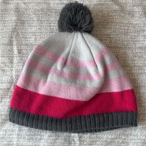Tag Striped Pom Beanie - Hot Pink, Light Pink & Gray